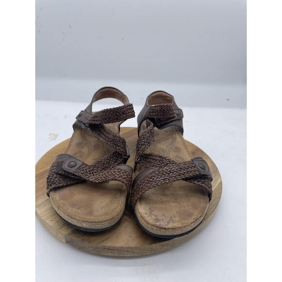 Taos Trulie Sandals Womens 6 Brown Leather Braided Strap Cork Sandals Spain - Picture 2 of 10